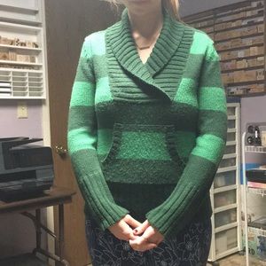 Green Striped Shawl Neckline Sweater
